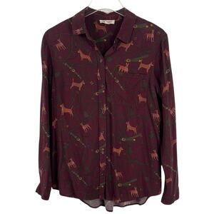 Beach lunch lounge all over dog puppy print button front burgundy blouse sz M